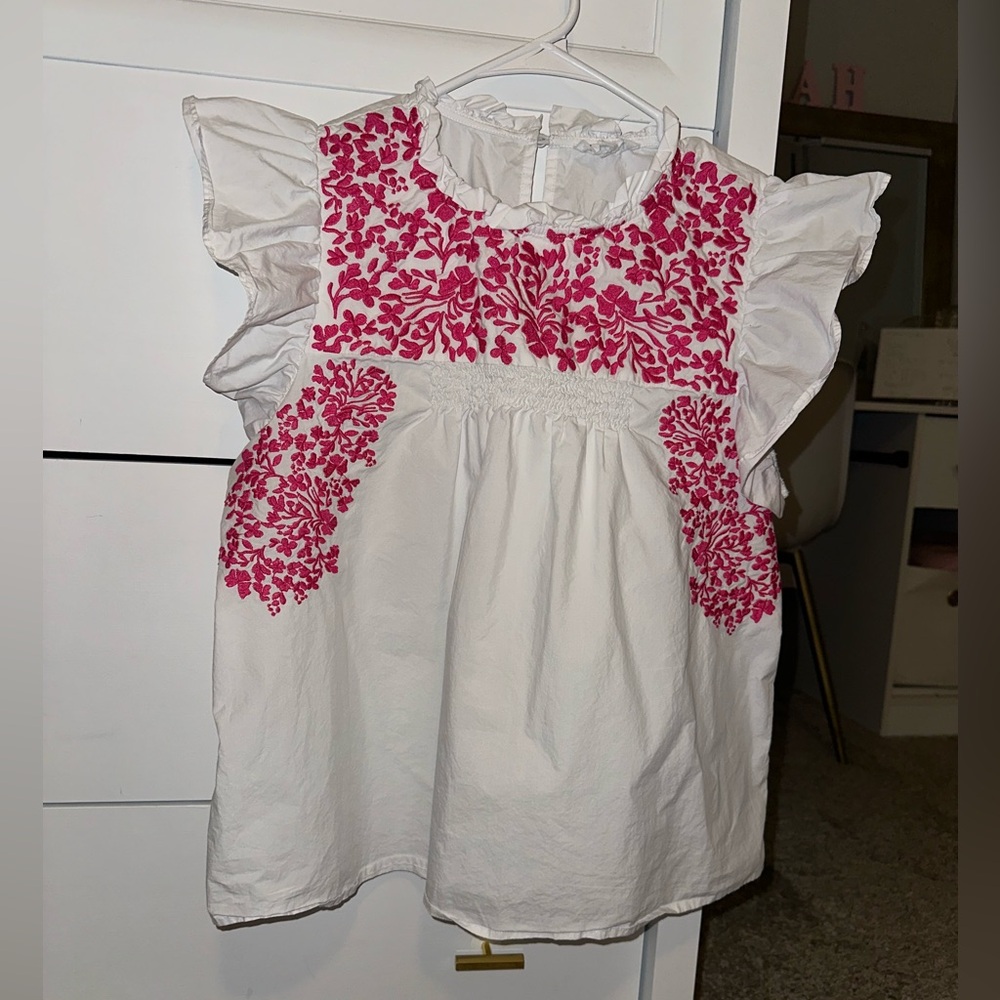 White and Pink Embroidered Top